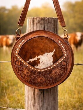 Brown Tooled Leather Round Crossbody Bag with Hair-On Hide